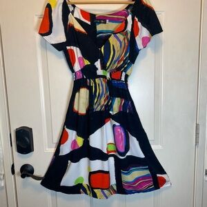 Jams World Short Cap Sleeve Dress Size S Abstract Black Multicolor Print V-Neck